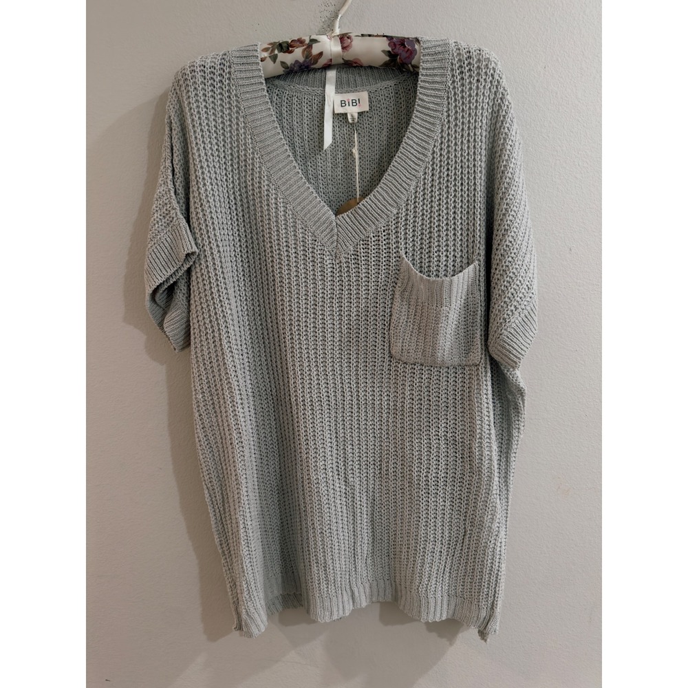 BIBI Women's Light Grey Open Knit Short Sleeve Oversized Sweater Large Pocket